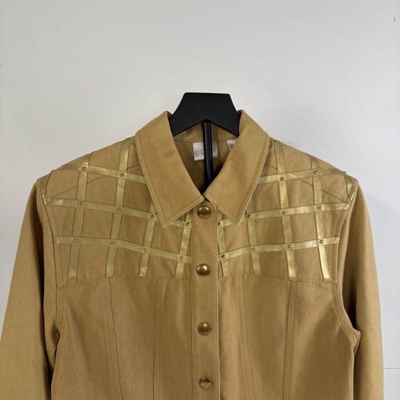 VTG 80s/90s Apart Denim Jacket  Size 12 Camel Tan Gold Grid Strap Studded Stains - Picture 5 of 10